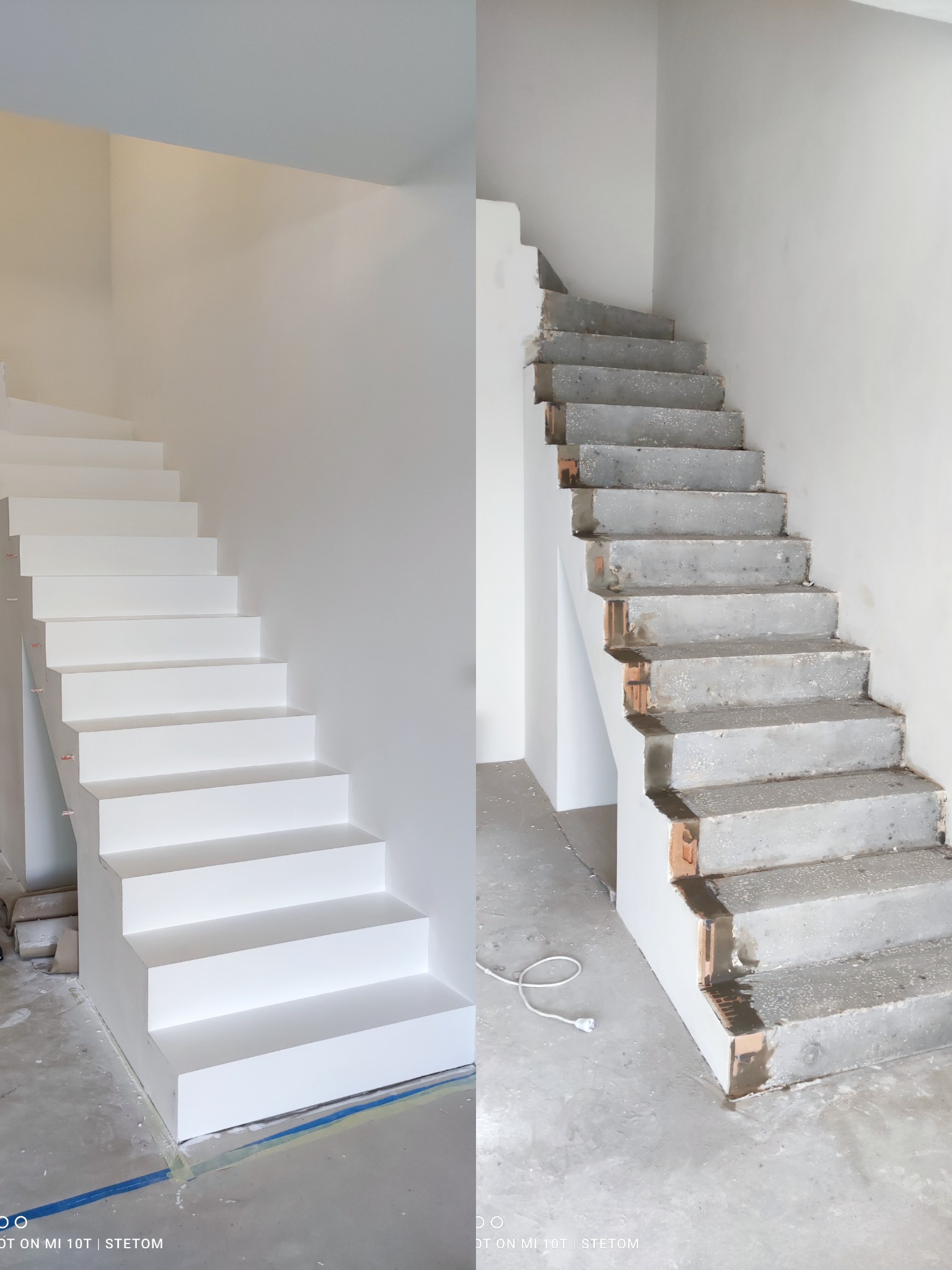 Porównanie stanu surowego i wykończonego schodów wewnętrznych w nowym domu. Po lewej stronie schody pomalowane na biało, po prawej betonowe stopnie z widocznymi elementami ceglanymi.