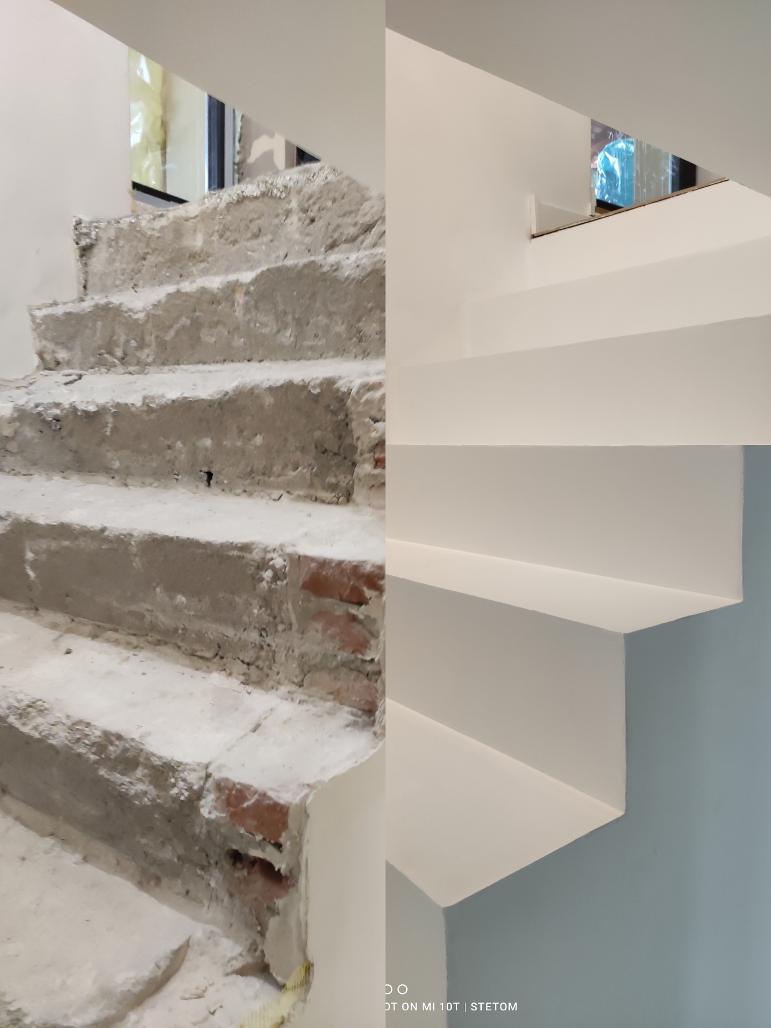 Porównanie stanu surowego i wykończonego schodów wewnętrznych z betonu, widoczne różnice w fakturze i kolorystyce stopni.