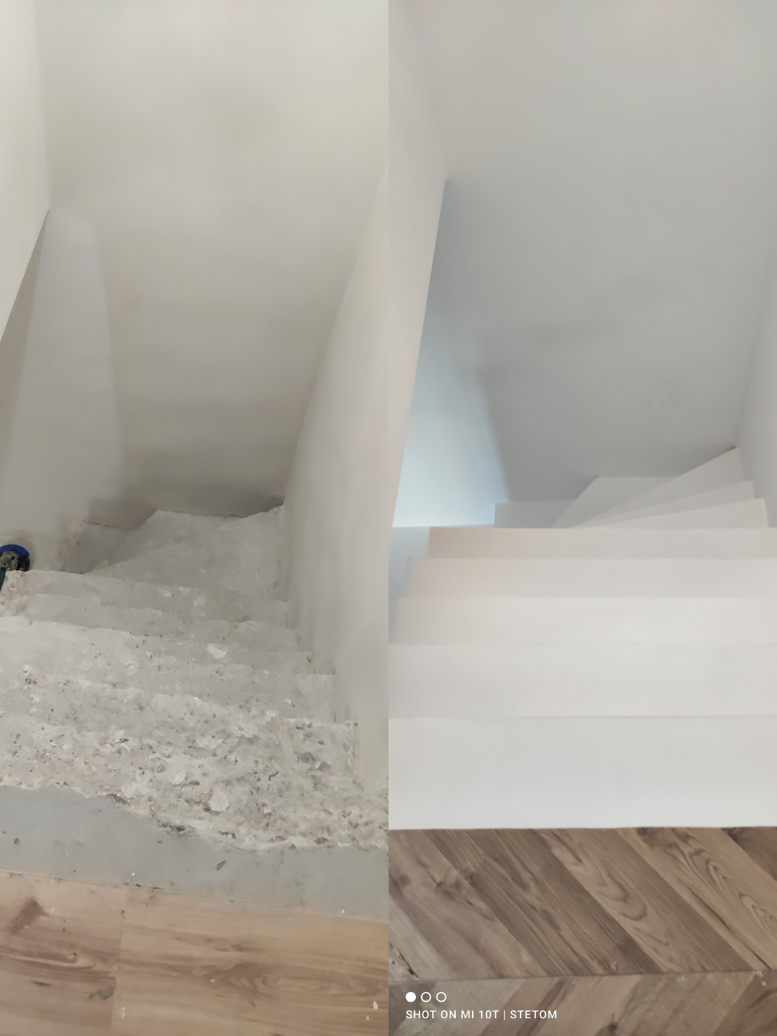 Porównanie stanu schodów przed i po renowacji: surowe, betonowe stopnie po lewej stronie kontrastują z gładkimi, białymi stopniami po prawej, ukazując metamorfozę w minimalistycznym wnętrzu.