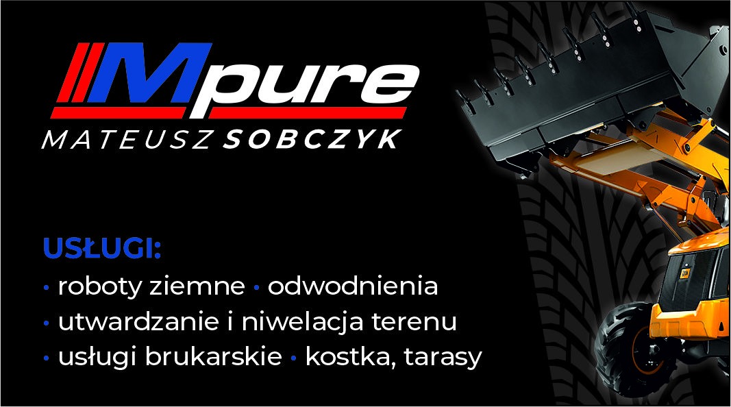 Grafika reklamowa firmy budowlanej Mateusz Sobczyk z logo Mpure, prezentująca usługi: roboty ziemne, odwodnienia, utwardzanie i niwelacja terenu, usługi brukarskie. W tle widoczny fragment...