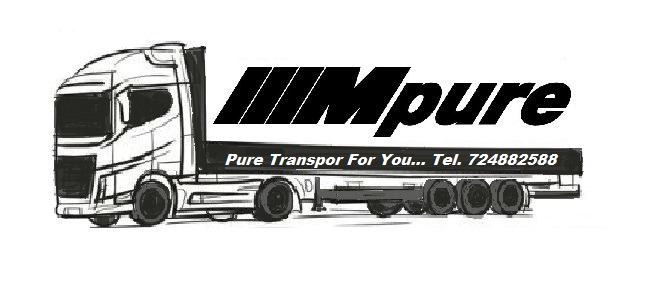 Szkic ciężarówki z naczepą, logo firmy transportowej Mpure i numer telefonu.