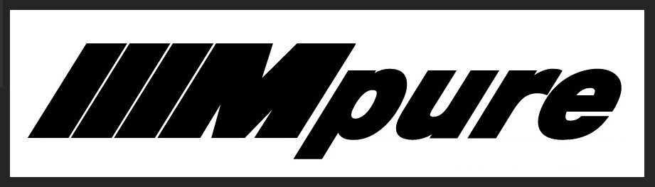 Czarne logo 'Mpure' z ukośnymi liniami po lewej stronie, na białym tle.