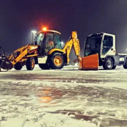 Żółta koparko-ładowarka JCB z pomarańczowym pługiem odśnieżnym i biały pojazd komunalny na ośnieżonym placu w nocy, oświetlone latarniami.