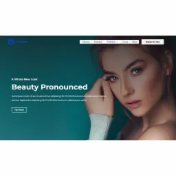 Strona internetowa z nagłówkiem 'Beauty Pronounced', prezentująca portret kobiety z subtelnym makijażem i nienachalnym oświetleniem, sugerująca usługi związane z wyglądem i stylem.