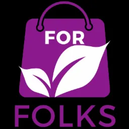 Fioletowa torba na zakupy z białymi liśćmi i napisem FOR FOLKS na czarnym tle, logo firmy.