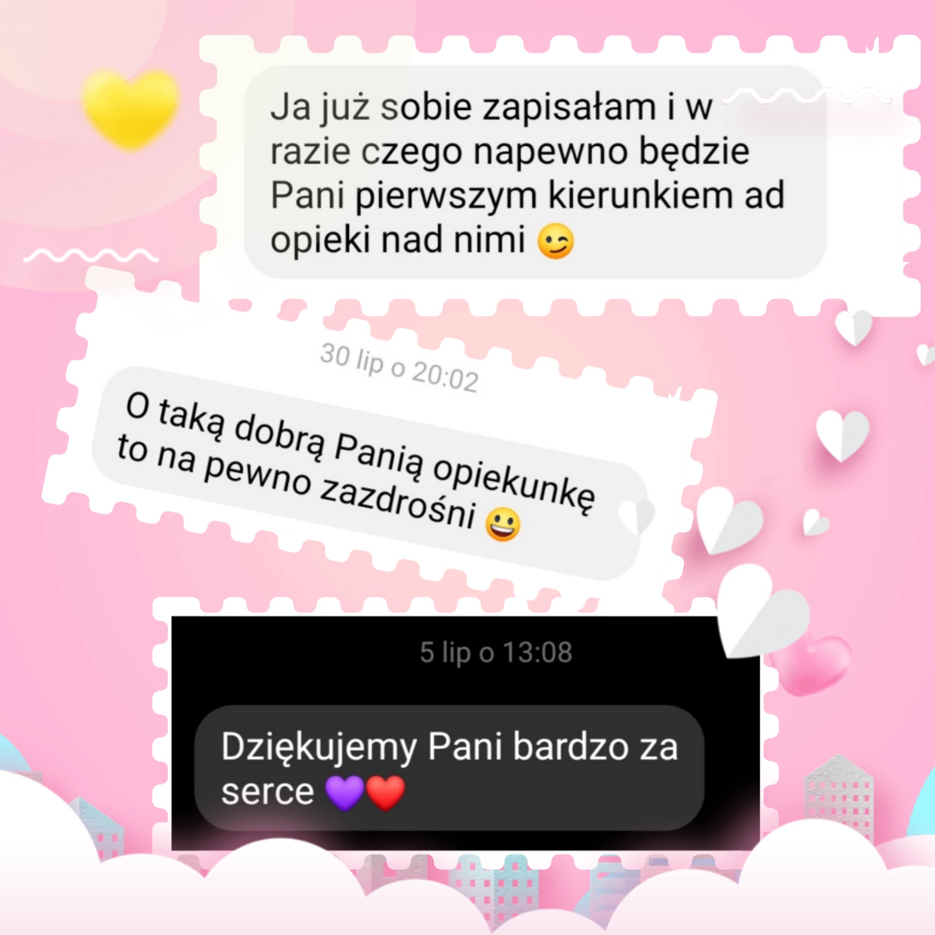 Zrzut ekranu z pozytywnymi opiniami klientów o usłudze opieki, z podziękowaniami za serce, na różowym tle z dekoracyjnymi elementami.