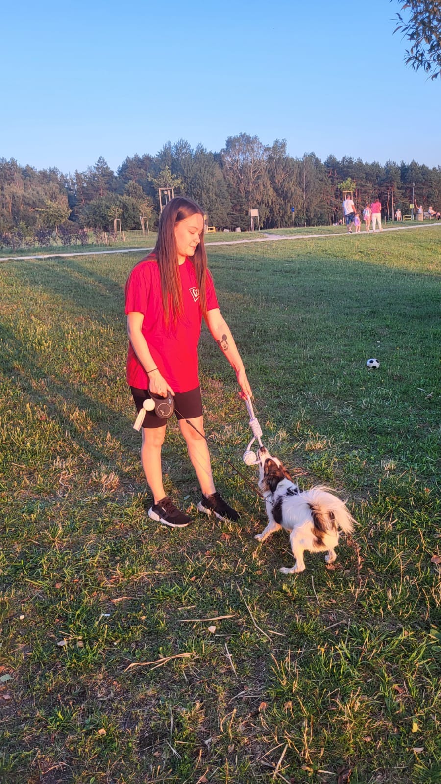 Młoda kobieta w czerwonej koszulce i czarnych spodenkach bawi się z małym, biało-brązowym psem na trawniku w parku, używając zabawki na sznurku; w tle widoczni spacerujący ludzie i las.