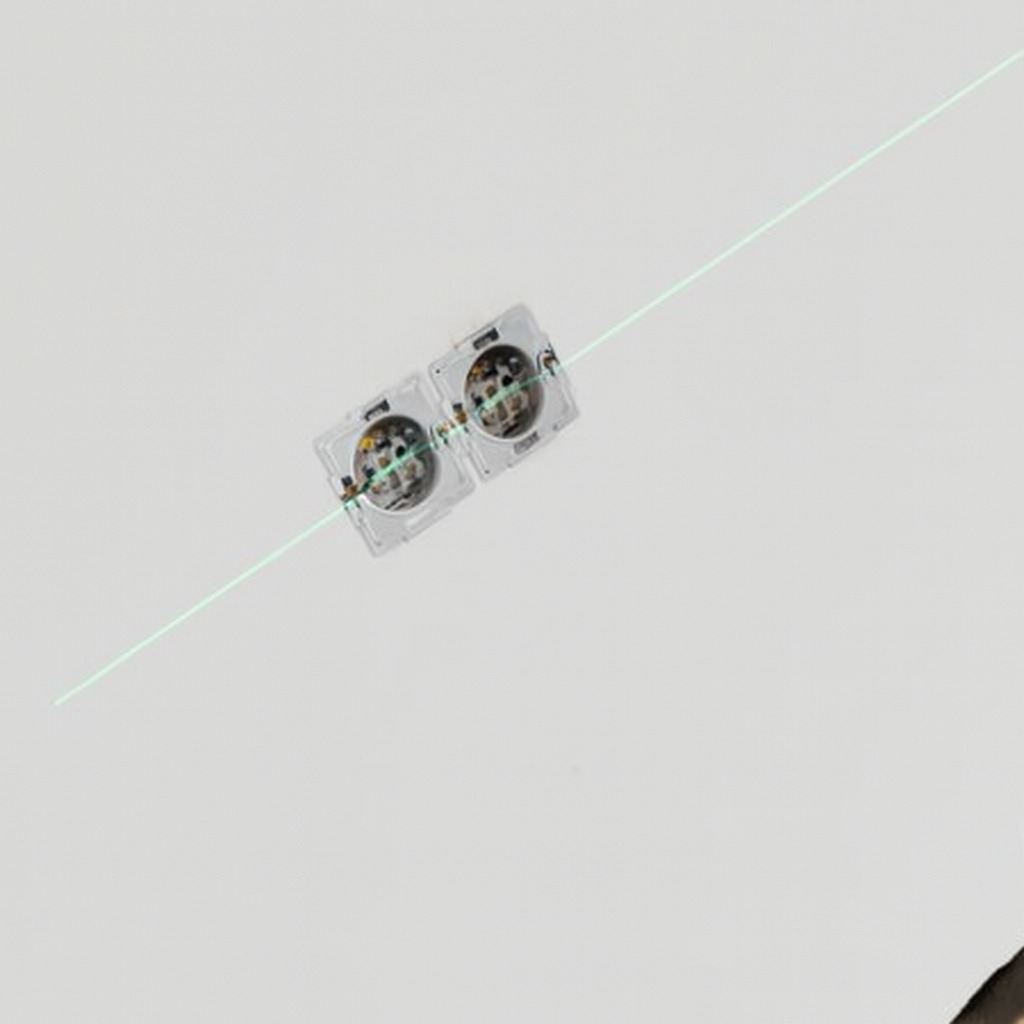 Dwa gniazdka elektryczne podwójne, zamontowane w białej ścianie, ustawione pod kątem, z widoczną zieloną linią lasera poziomującego.