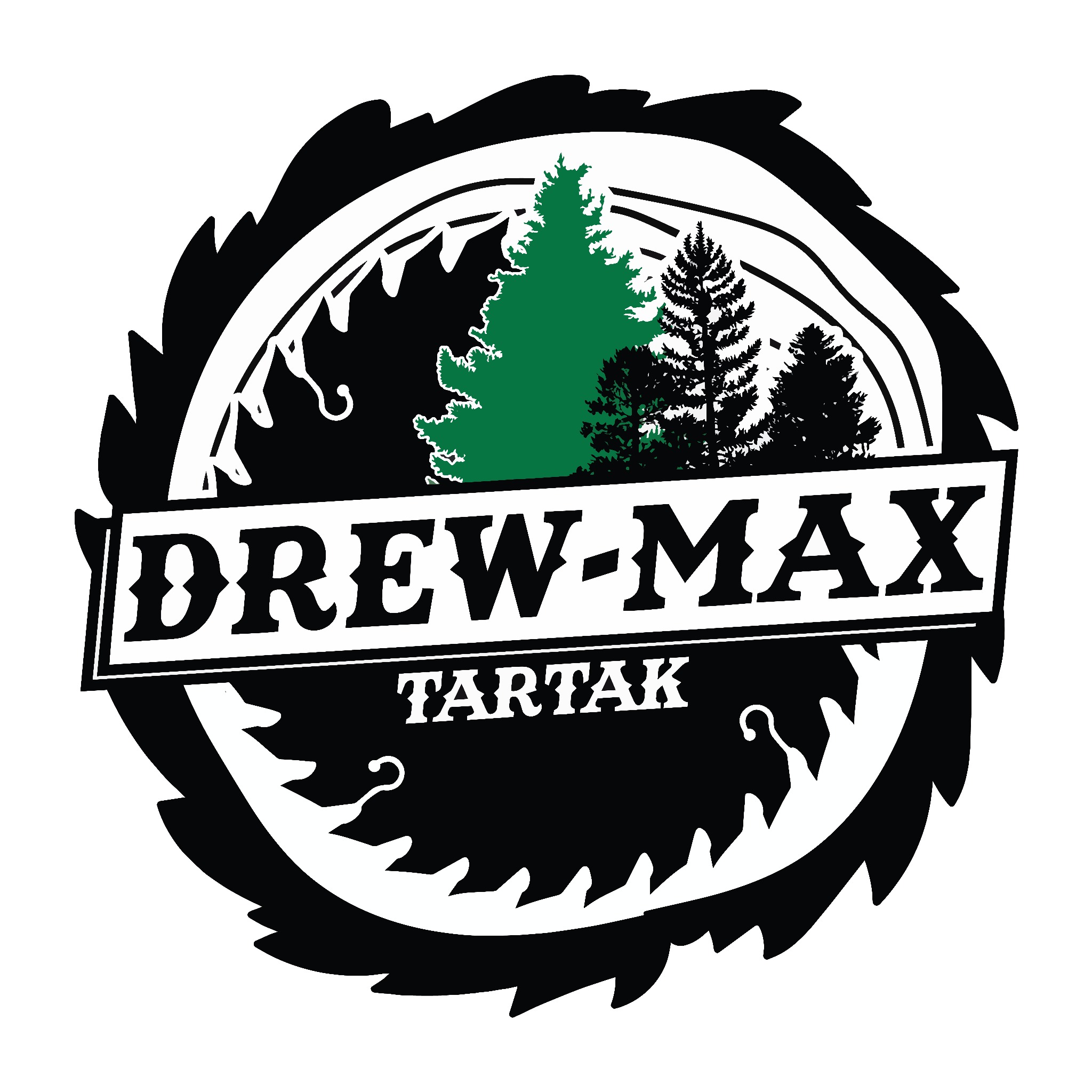 Logo firmy Drew-Max Tartak przedstawiające piłę tarczową z sylwetkami drzew iglastych.