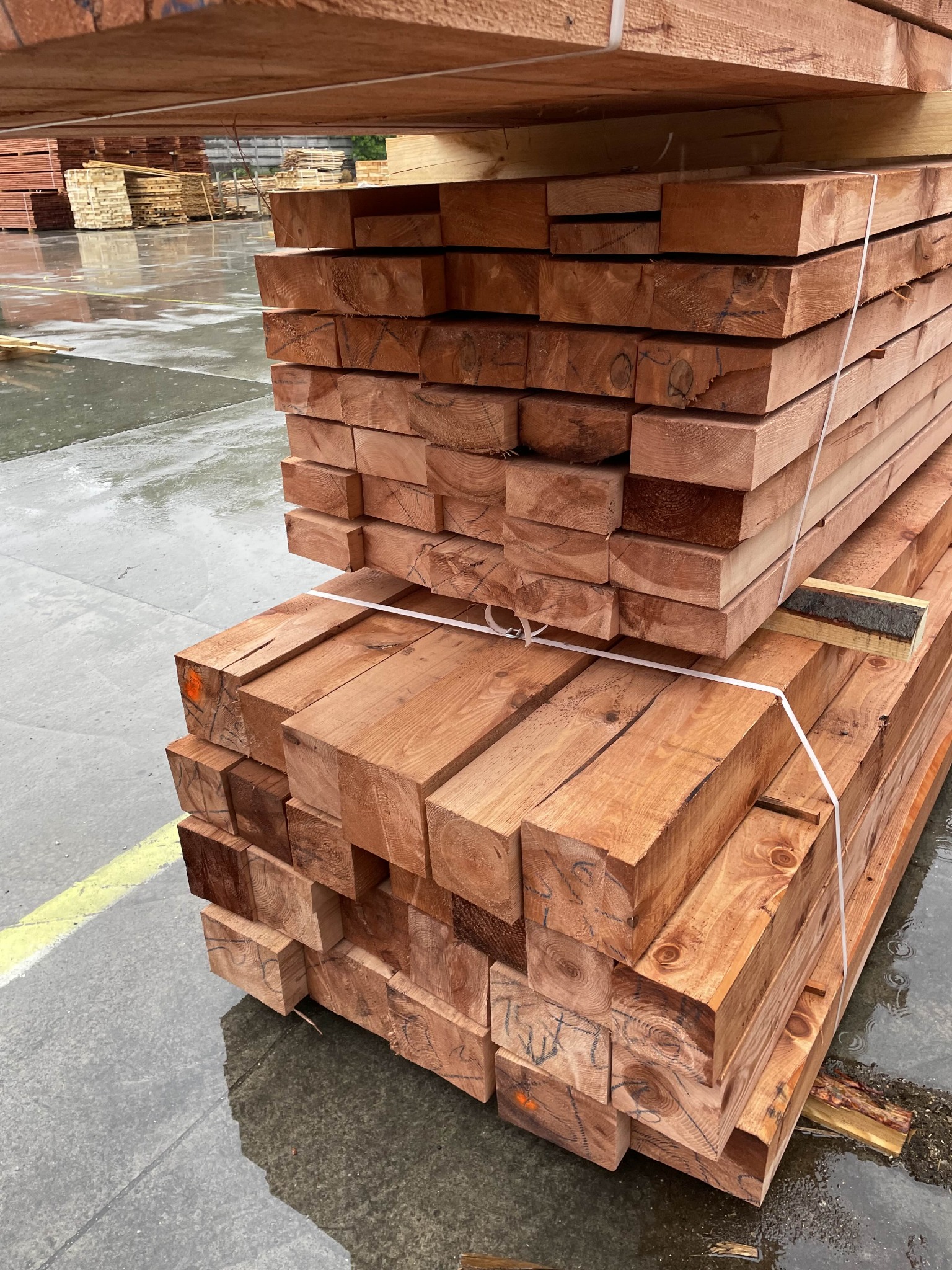 Stos czerwono-brązowych belek drewnianych na mokrym, betonowym podłożu, spięty białym sznurkiem, z widocznymi oznaczeniami i sękami na drewnie.