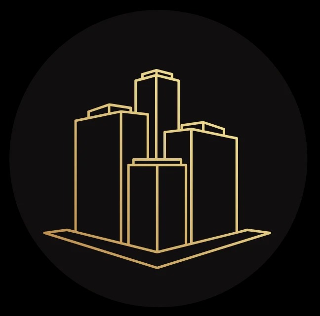 Złoty, minimalistyczny szkic kilku wysokich budynków na czarnym tle, przedstawiony w formie logo.