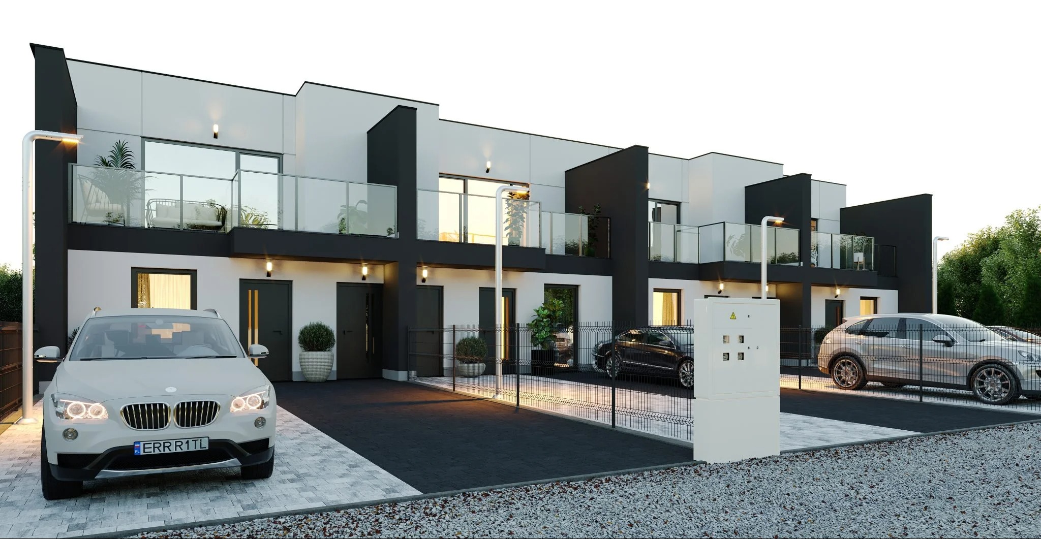 Wizualizacja szeregu nowoczesnych domów z balkonami, wykończonych w bieli i czerni, z zaparkowanymi samochodami i oświetleniem zewnętrznym.