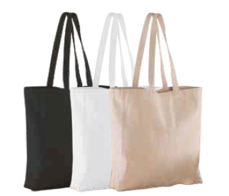 Trzy bawełniane torby na zakupy z uchwytami: czarna, biała i beżowa, ustawione obok siebie na białym tle.