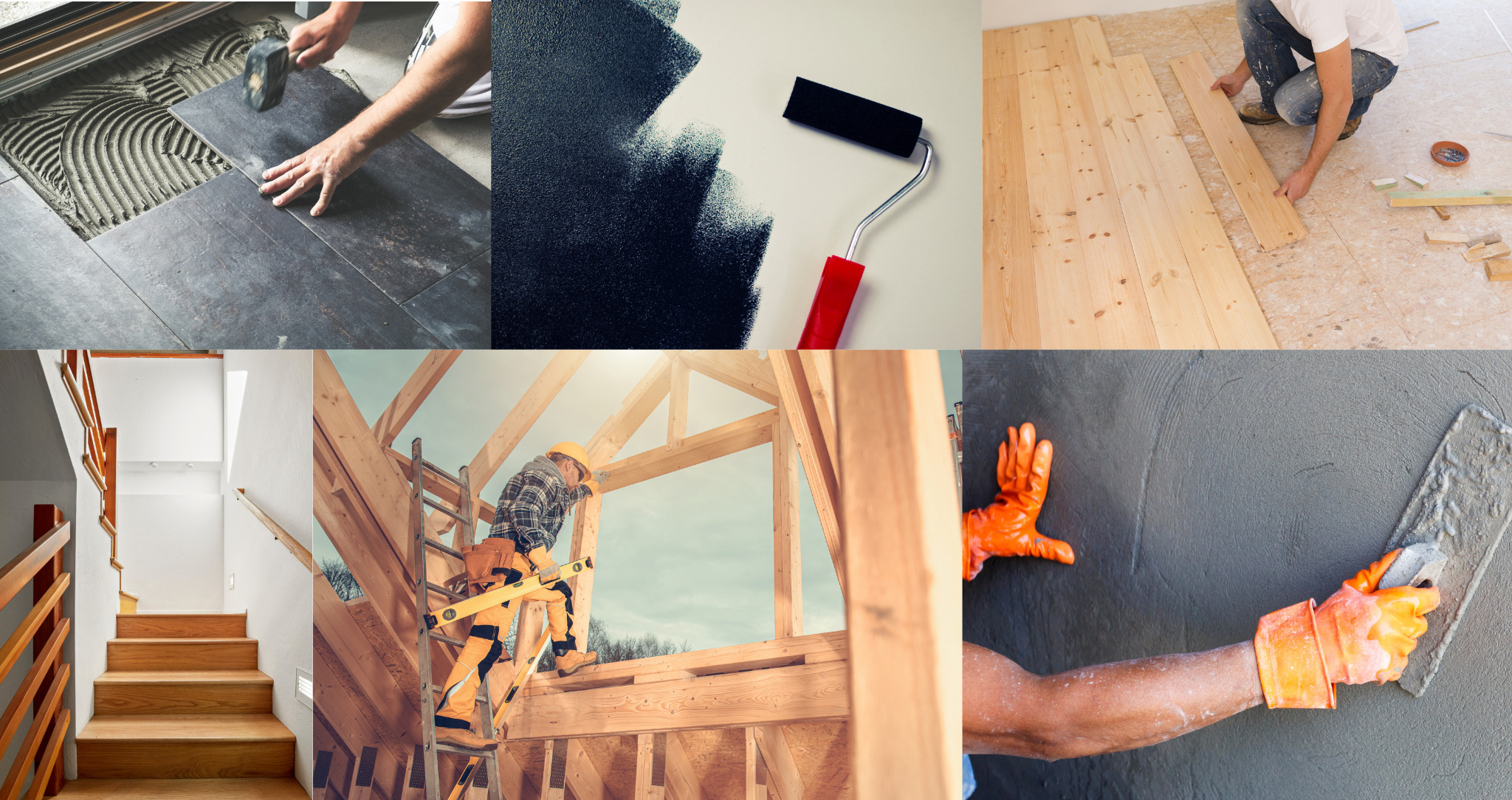 Montaż płytek podłogowych, malowanie wałkiem, układanie drewnianej podłogi, drewniane schody, budowa szkieletu domu, nakładanie gładzi na ścianę.