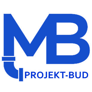 Niebieskie logo firmy MB Projekt-Bud z symbolem rury kanalizacyjnej, sugerujące usługi instalacyjne. Minimalistyczny design na białym tle.