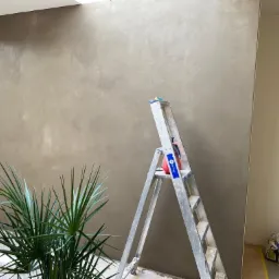 Ściana z efektem dekoracyjnym w odcieniach szarości, drabina aluminiowa z narzędziami, roślina doniczkowa i wiadro z farbą przy ścianie.