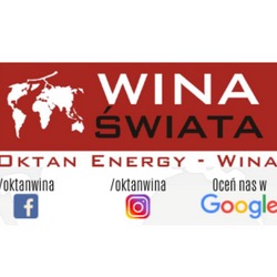 Logo firmy 'Wina Świata' z nazwą i mapą świata w tle, poniżej adresy do mediów społecznościowych i oceny w Google.