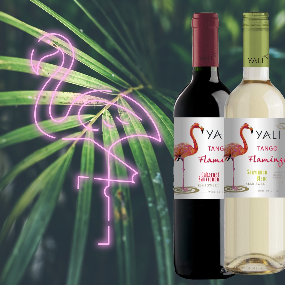 Dwie butelki wina Yali Tango Flamingo: czerwone Cabernet Sauvignon i białe Sauvignon Blanc, na tle liści palmowych i neonowego flaminga.