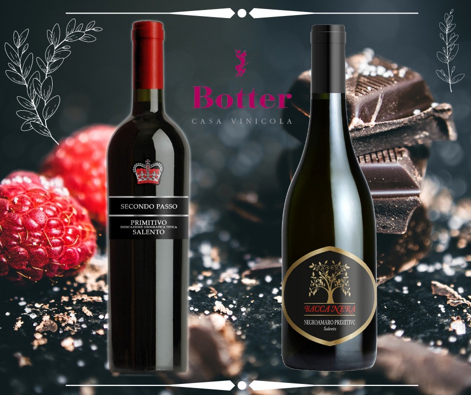 Dwie butelki wina, czerwone i białe, z malinami i kawałkami czekolady na ciemnym tle z dekoracyjnymi elementami graficznymi.