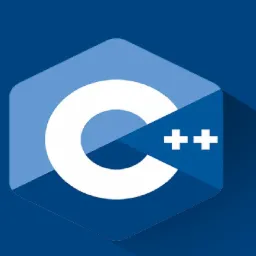 Grafika przedstawiająca logo C++ na niebieskim tle, z efektem cienia nadającym mu trójwymiarowy wygląd.