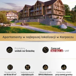 Wizualizacja apartamentów Orlik Residence & Spa w Karpaczu, z widokiem na góry i informacjami o cenie oraz bliskości stacji narciarskich i Parku Narodowego.