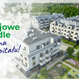 Wizualizacja architektoniczna nowoczesnego osiedla mieszkaniowego z zielonymi terenami rekreacyjnymi, prezentowana z lotu ptaka z napisem 'Rozwojowe osiedle. Idealna lokata kapitału!'