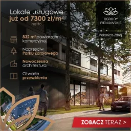 Wizualizacja budynku usługowego 'Ogrody Pieniawskie' w Polanicy-Zdroju, z nowoczesną architekturą i otwartymi przeszkleniami, cena od 7300 zł/m2 netto, widok z zewnątrz na lokal komercyjny...
