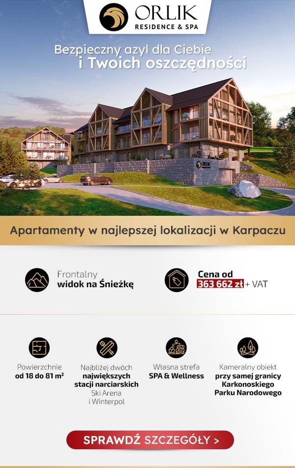 Wizualizacja apartamentów Orlik Residence & Spa w Karpaczu, z widokiem na góry i informacjami o cenie oraz bliskości stacji narciarskich i Parku Narodowego.