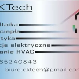 Grafika reklamowa firmy CKTech z listą usług: fotowoltaika, pompy ciepła, automatyka, instalacje elektryczne, sterowanie HVAC oraz danymi kontaktowymi.