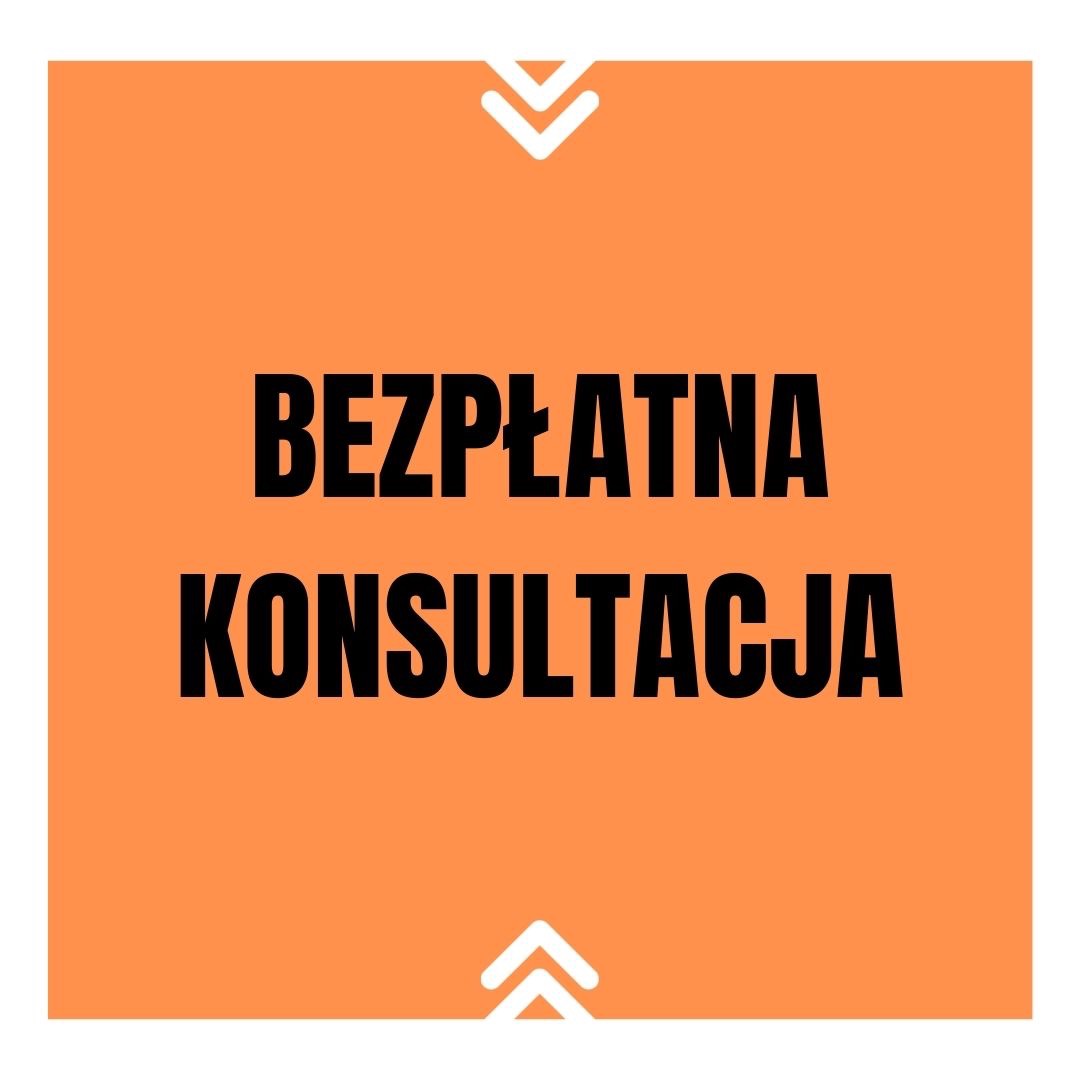Pomarańczowy kwadrat z napisem 'BEZPŁATNA KONSULTACJA' czarną czcionką, nad i pod napisem białe strzałki skierowane odpowiednio w dół i w górę.