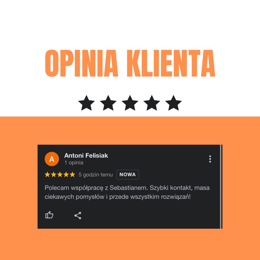 Zrzut ekranu opinii klienta Antoni Felisiak z oceną 5 gwiazdek, rekomendującego współpracę z Sebastianem, podkreślając szybki kontakt i ciekawe pomysły.