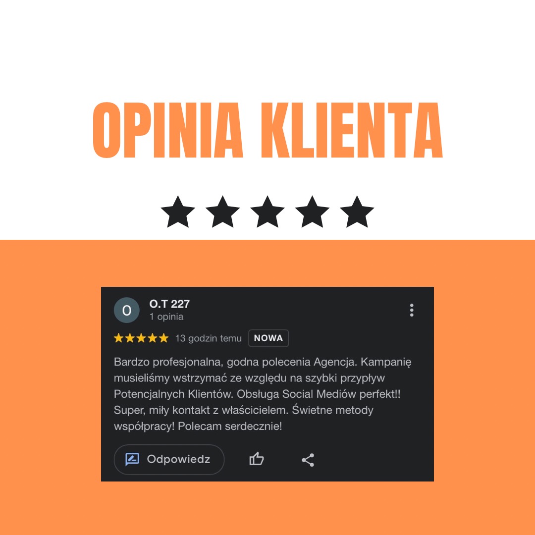 Zrzut ekranu z pozytywną opinią klienta z pięcioma gwiazdkami, podkreślający profesjonalizm i efektywność obsługi, szczególnie w mediach społecznościowych.
