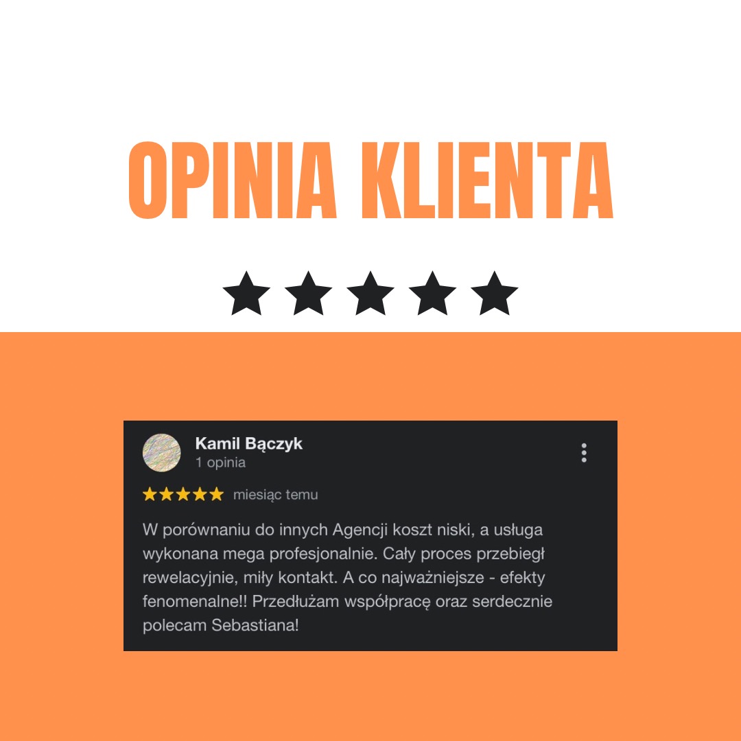 Zrzut ekranu pozytywnej opinii klienta z oceną pięciu gwiazdek, rekomendujący agencję za niski koszt, profesjonalizm i rewelacyjne efekty. Tekst rekomendacji podkreśla miły kontakt i chęć...