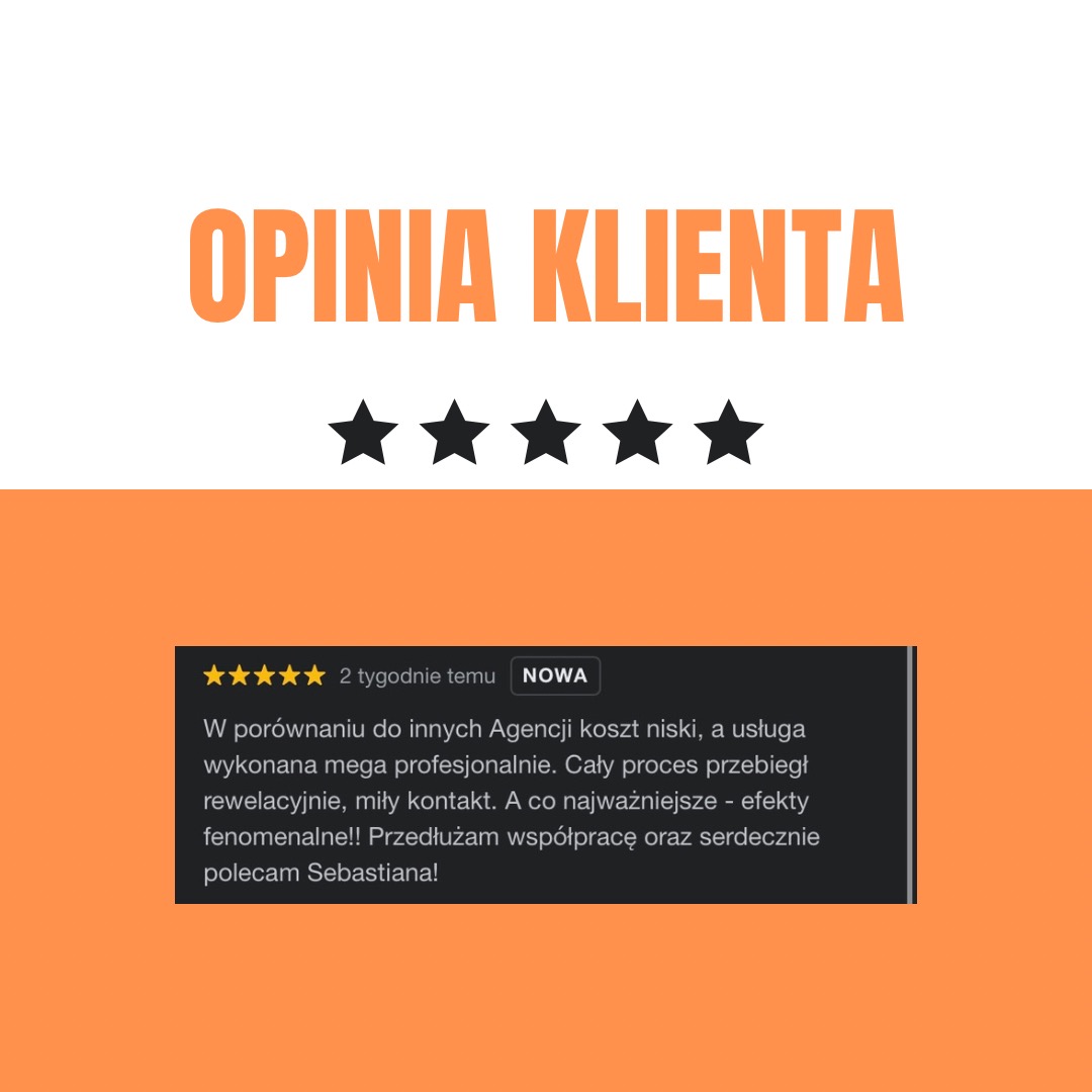 Grafika z napisem 'Opinia Klienta', pięcioma gwiazdkami i tekstem pozytywnej recenzji klienta na temat niskich kosztów i profesjonalnie wykonanej usługi agencji, polecającego Sebastiana.