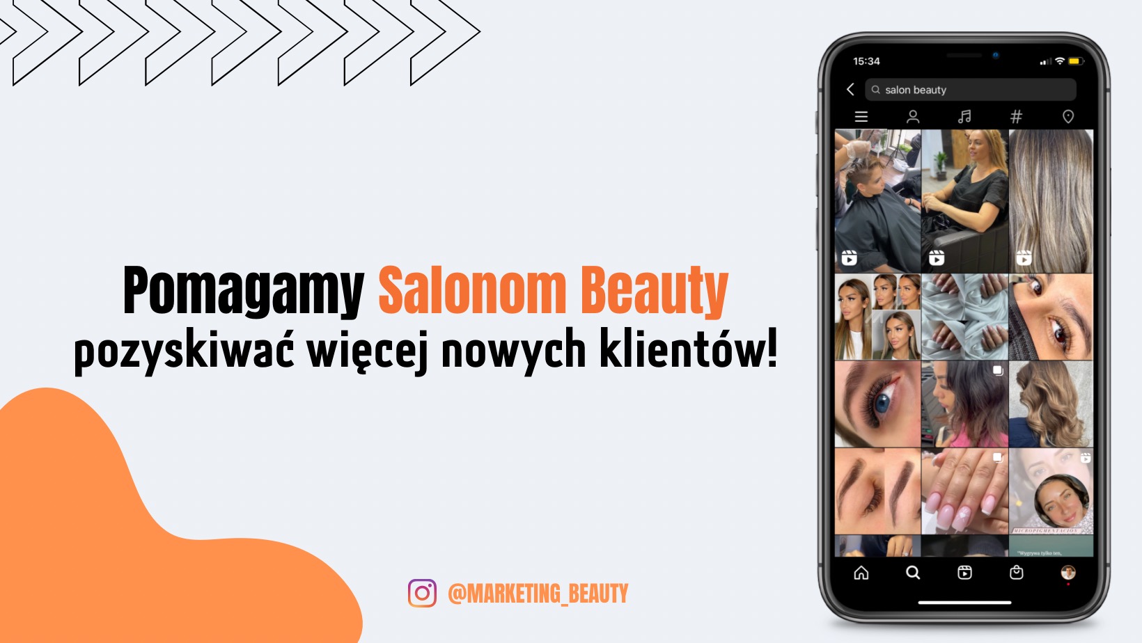 Ekran smartfona prezentujący profil salonu beauty na platformie społecznościowej z miniaturami zdjęć przedstawiających usługi: strzyżenie, koloryzacja, makijaż permanentny brwi i rzęs, manicure.