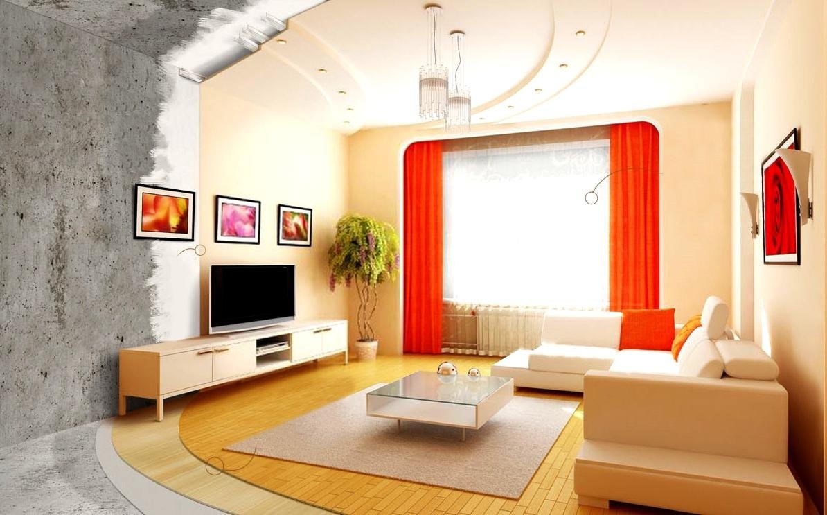 Wnętrze salonu w trakcie prac wykończeniowych: surowa ściana kontrastuje z pomalowaną, widoczny fragment listwy sufitowej, nowoczesne meble i dekoracje.