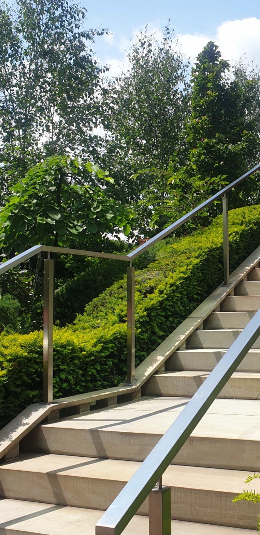 Schody w ogrodzie z metalową barierką, otoczone zielenią. Żółto-zielony żywopłot i drzewa w tle. Kąt ujęcia od dołu podkreśla perspektywę. Słoneczny dzień.