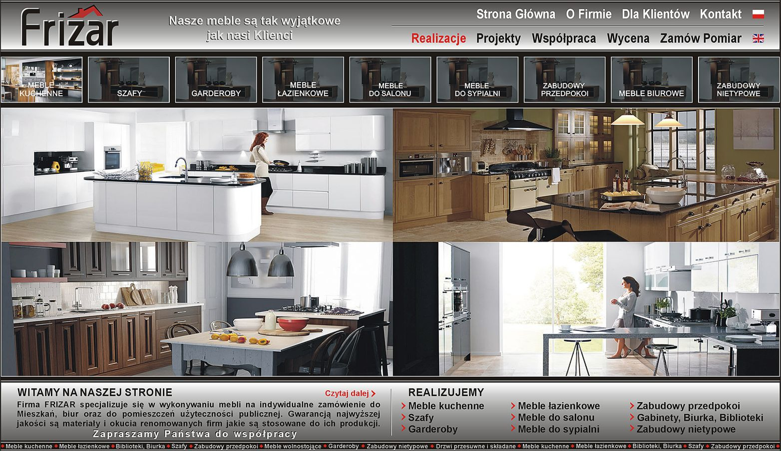 Kompozycja czterech zdjęć prezentujących różne aranżacje wnętrz: nowoczesna biała kuchnia z wyspą, klasyczna kuchnia z drewnianymi szafkami, kuchnia w ciemnych odcieniach z wyspą i lampami...