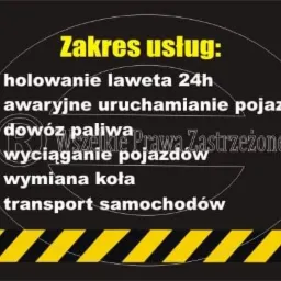 Grafika informacyjna z zakresem usług: holowanie lawetą 24h, awaryjne uruchamianie pojazdu, dowóz paliwa, wyciąganie pojazdów, wymiana koła, transport samochodów. Czarno-żółte pasy na dole.