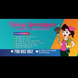 Reklama firmy sprzątającej Marzena Wiśniewska z ilustracją uśmiechniętej kobiety z miotełką i sprayem, oferującej sprzątanie domów, biur, gabinetów, klatek schodowych, po remontach oraz mycie okien...