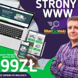 Laptop, tablet i smartfon prezentujące identyczną stronę internetową firmy z Legnicy, obok wizerunek właściciela firmy na fioletowym tle z logo ManGoWeb. Promocja indywidualnego projektu strony WWW...