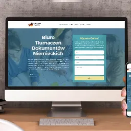 Ekran komputera i smartfon prezentują stronę internetową biura tłumaczeń niemieckich na tle biurka z dekoracjami i hasłem 'Do what you love'.