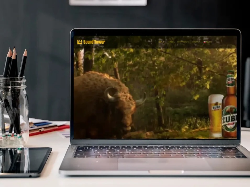 Laptop wyświetla stronę internetową Soundflower z żubrem w lesie i piwem Żubr, obok słoik z ołówkami i tablet.