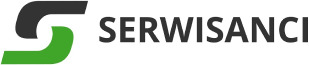 Logo firmy SERWISANCI z abstrakcyjnym symbolem w kształcie litery S w kolorach szarym i zielonym.