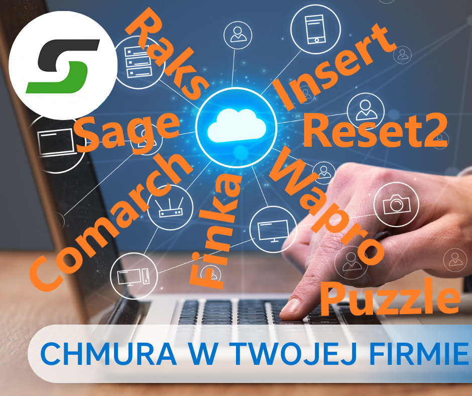 Laptop z wyświetlonym schematem połączeń do chmury, dłoń użytkownika naciska klawisz. Napis 'Chmura w Twojej Firmie' w dolnej części ekranu.