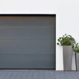 Szara brama garażowa segmentowa, z roślinami w donicach po prawej stronie i fragmentem drzwi wejściowych. Widoczne szare płytki na podjeździe.