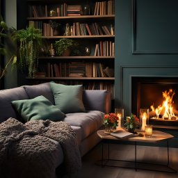 Salon MAKO - Okna Drzwi Bramy i Kominki - Sprzedaż i Montaż - Przytulny salon z kominkiem w ciemnej tonacji: płomienie, miękki pled na sofie, książki na półkach. Ciepłe światło świec i rośliny dodają uroku.