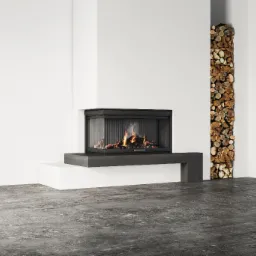 Nowoczesny kominek z paleniskiem w szklanej obudowie, umieszczony na ciemnym podeście, z zapasem drewna obok, na tle białych ścian i szarej posadzki.