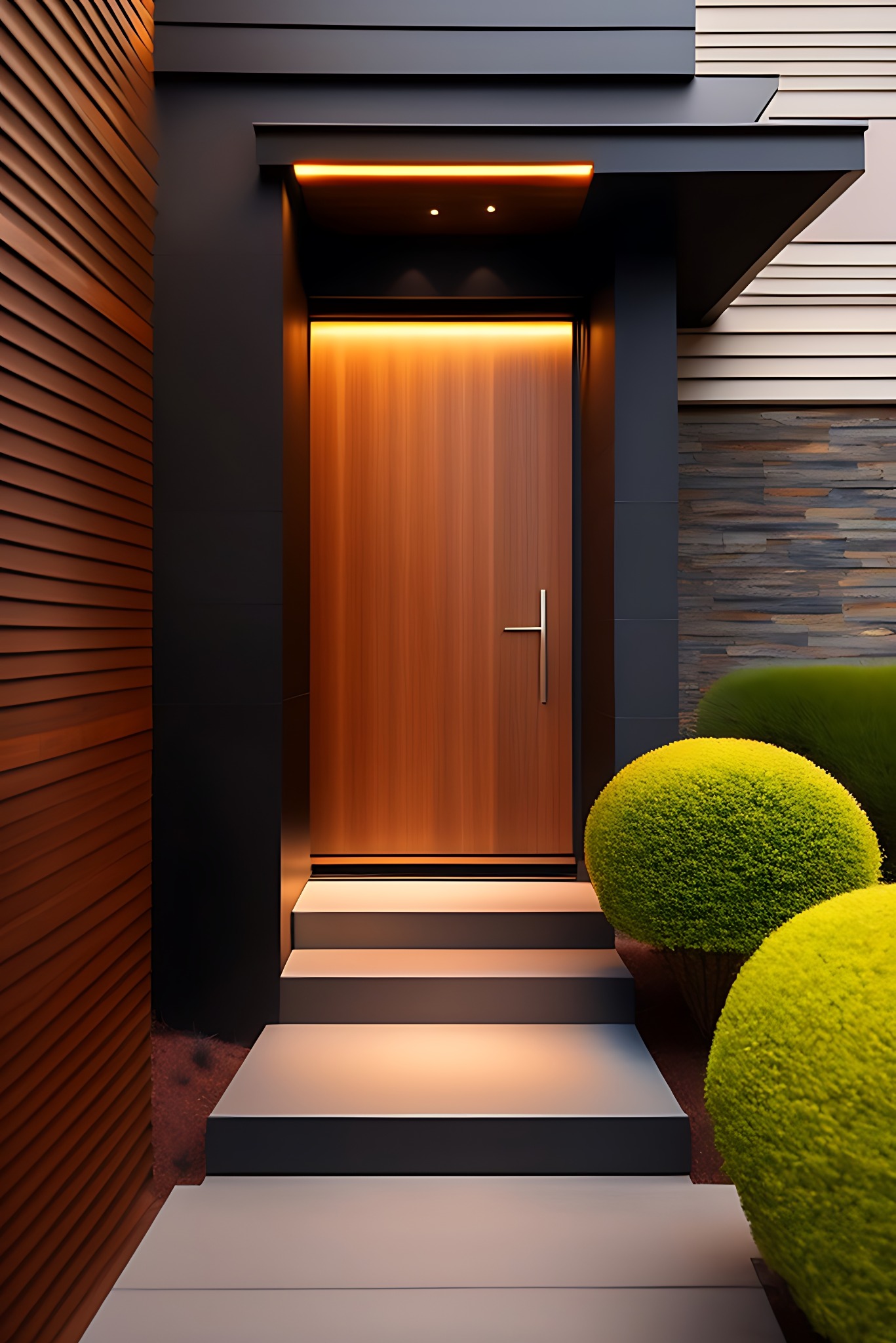 Nowoczesne drzwi wejściowe z drewna z minimalistycznym uchwytem, oświetlone ciepłym światłem, otoczone zielonymi kulistymi krzewami i schodami.