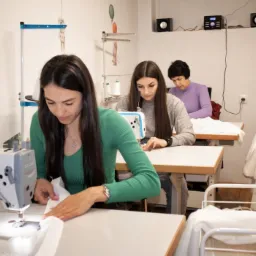 Kobieta w zielonej bluzce szyje na maszynie do szycia, w tle dwie inne kobiety przy stanowiskach pracy w jasnym pomieszczeniu z dekoracjami na ścianie.